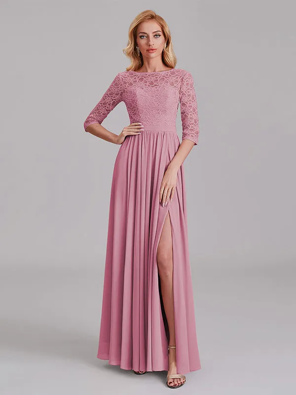 Charming Illusion 3/4 Sleeves Side Slit Chiffon Long Bridesmaid Dresses With Lace