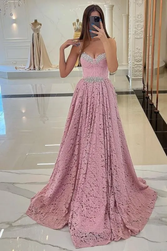 Charming Sweetheart Pink Long Lace Evening Dress with Glitter Beadings Straps #SEK191