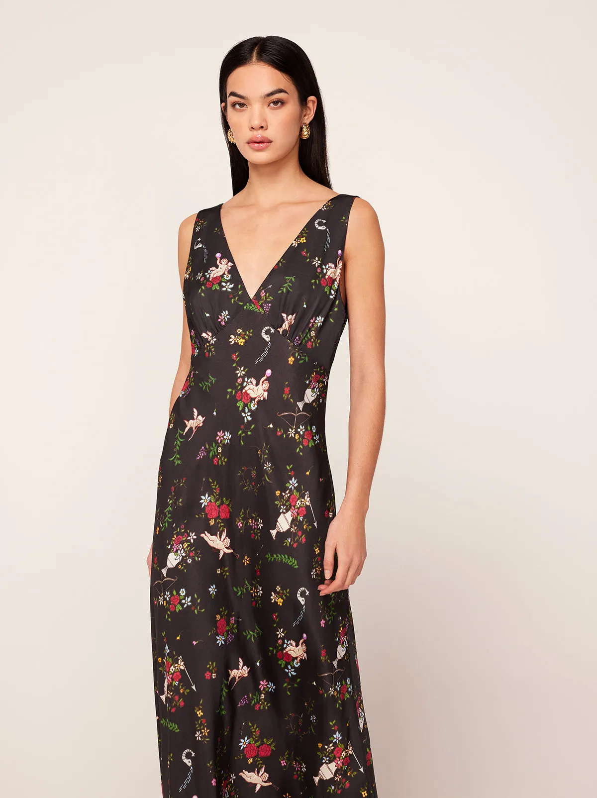 Claire Black Cherub Print Slip Dress