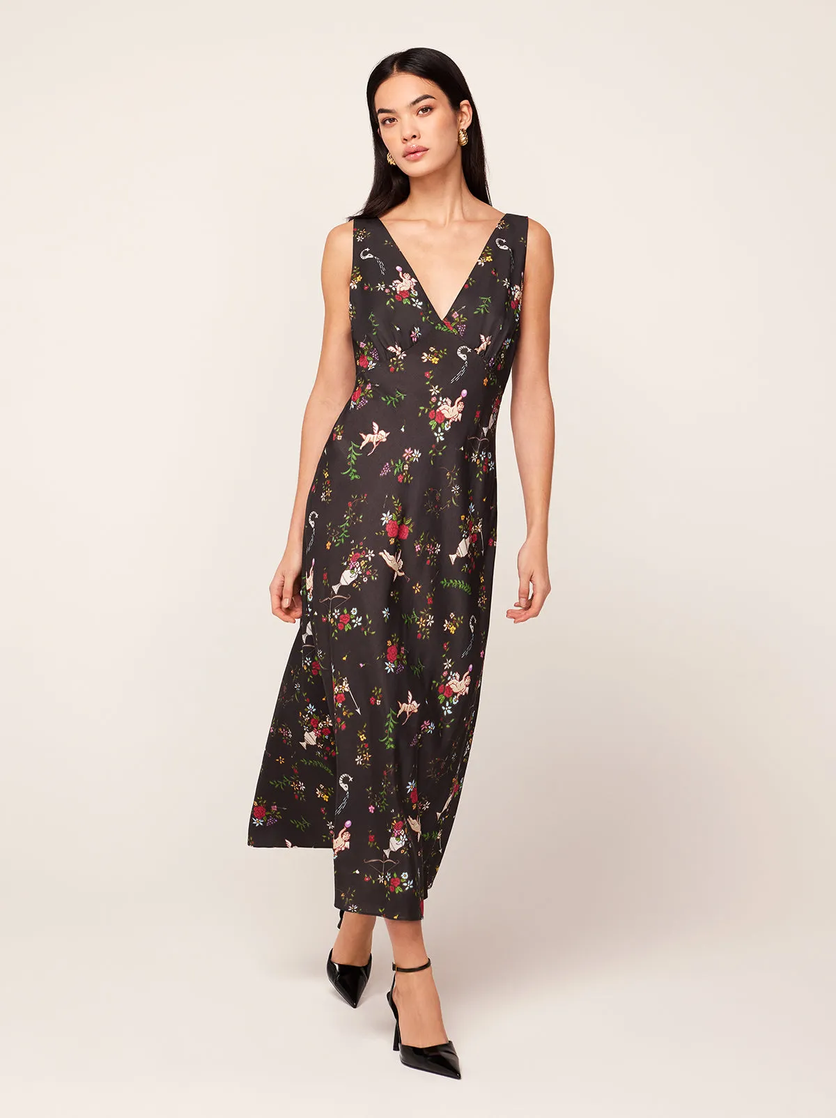 Claire Black Cherub Print Slip Dress