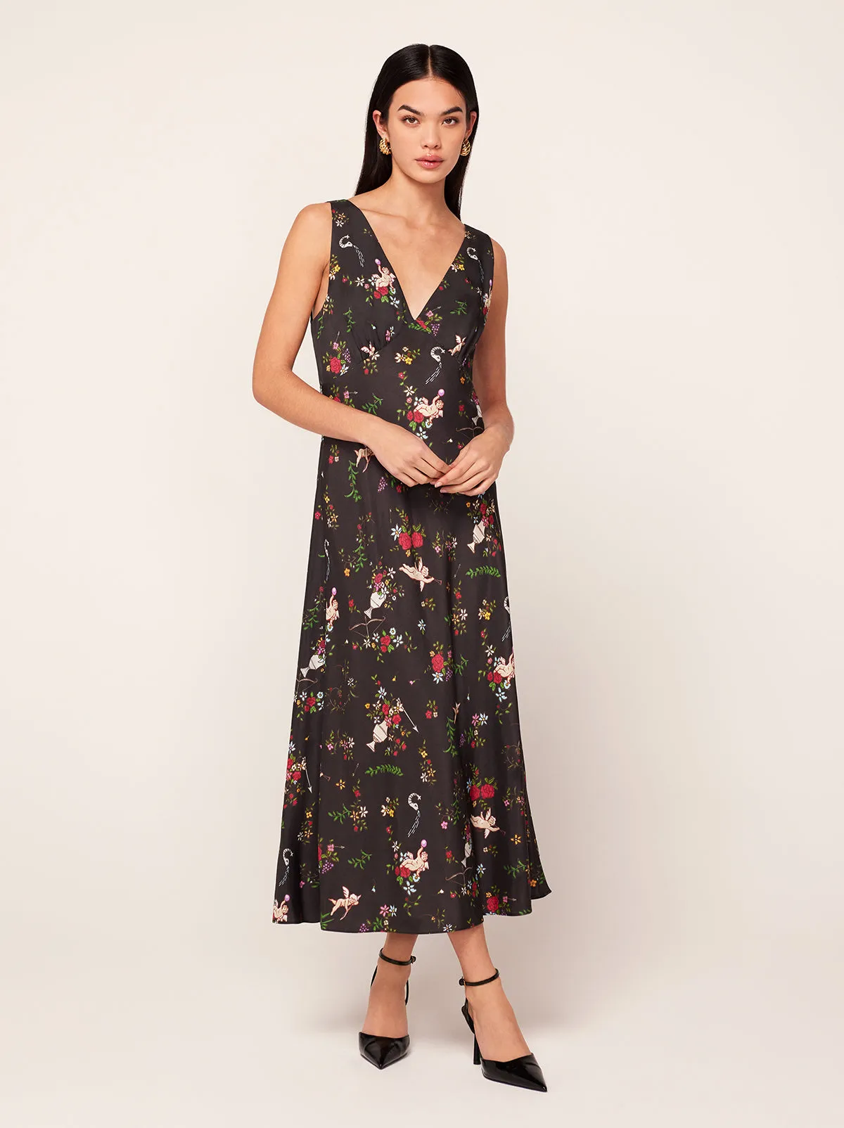Claire Black Cherub Print Slip Dress