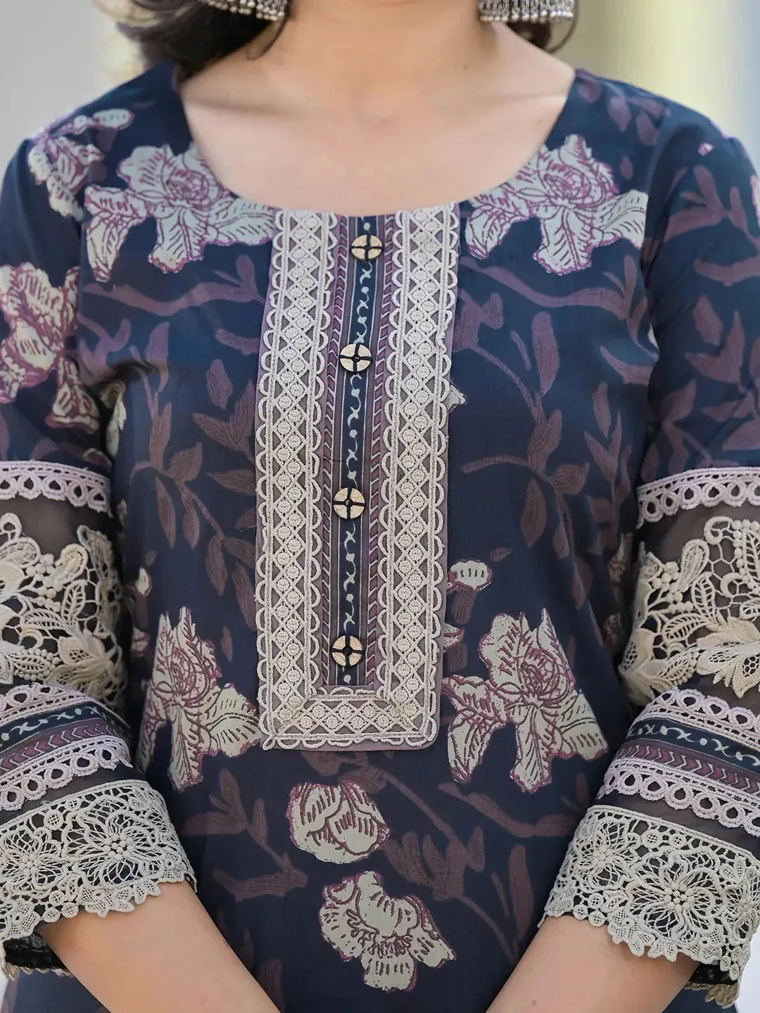 Cotton Printed Pakistani Black Kurta Dupatta Set With Lace Work