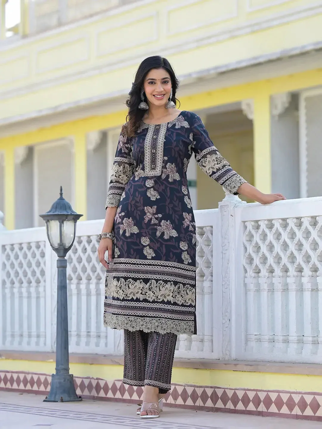 Cotton Printed Pakistani Black Kurta Dupatta Set With Lace Work