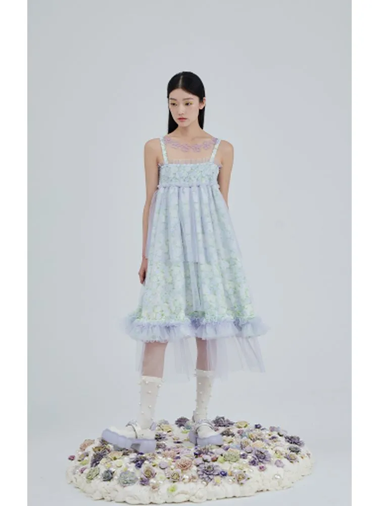 Crystal flower mesh slip dress【s0000001963】