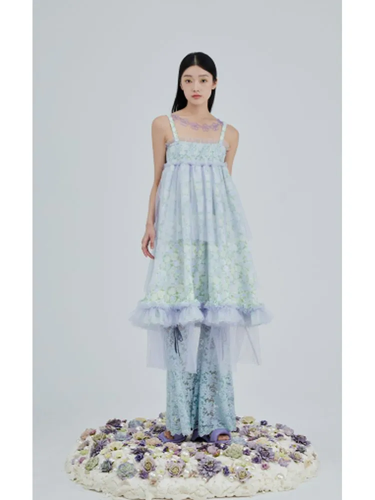Crystal flower mesh slip dress【s0000001963】