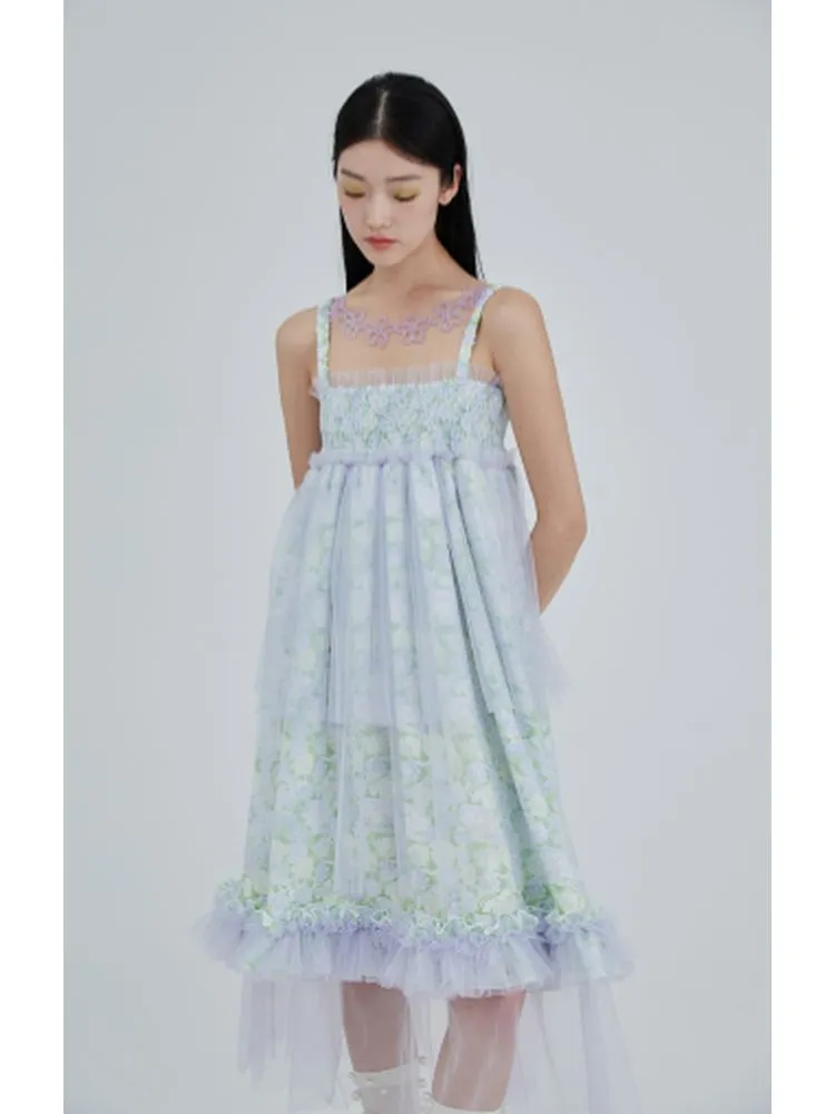 Crystal flower mesh slip dress【s0000001963】