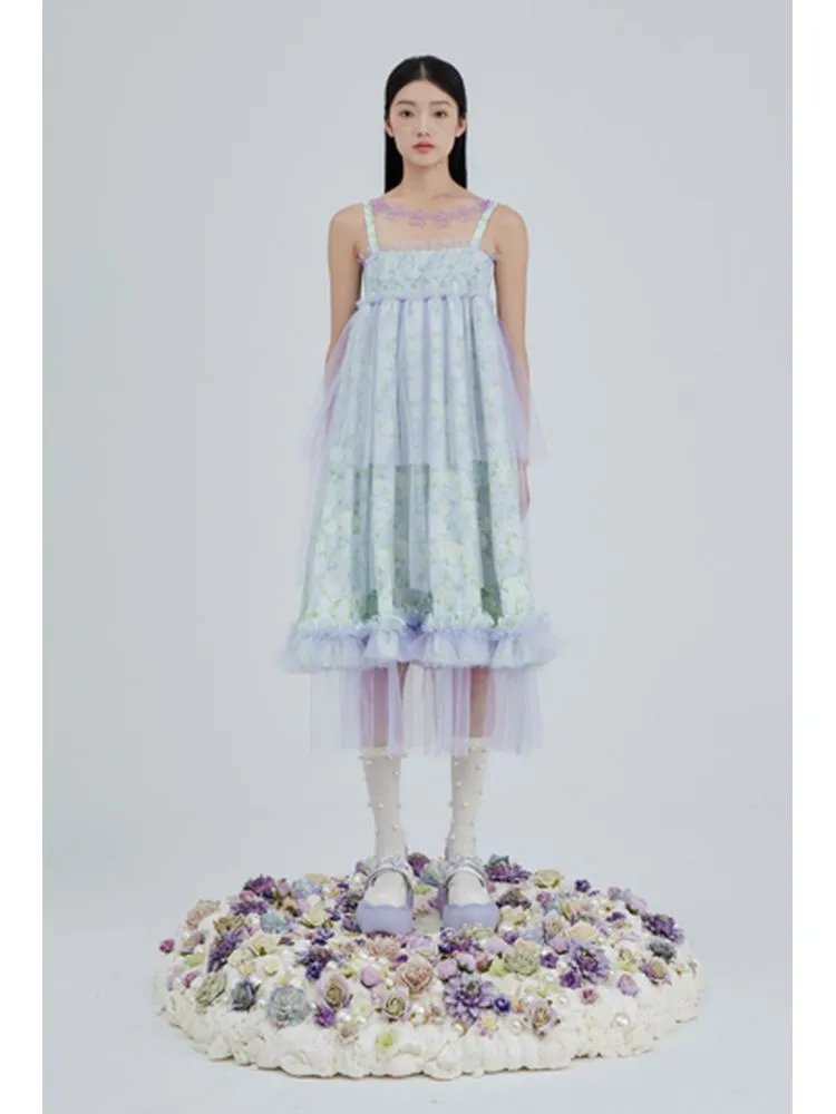 Crystal flower mesh slip dress【s0000001963】