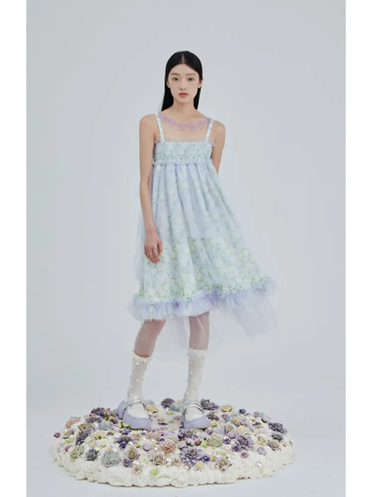 Crystal flower mesh slip dress【s0000001963】