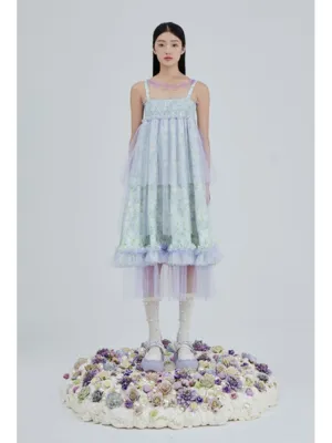 Crystal flower mesh slip dress【s0000001963】