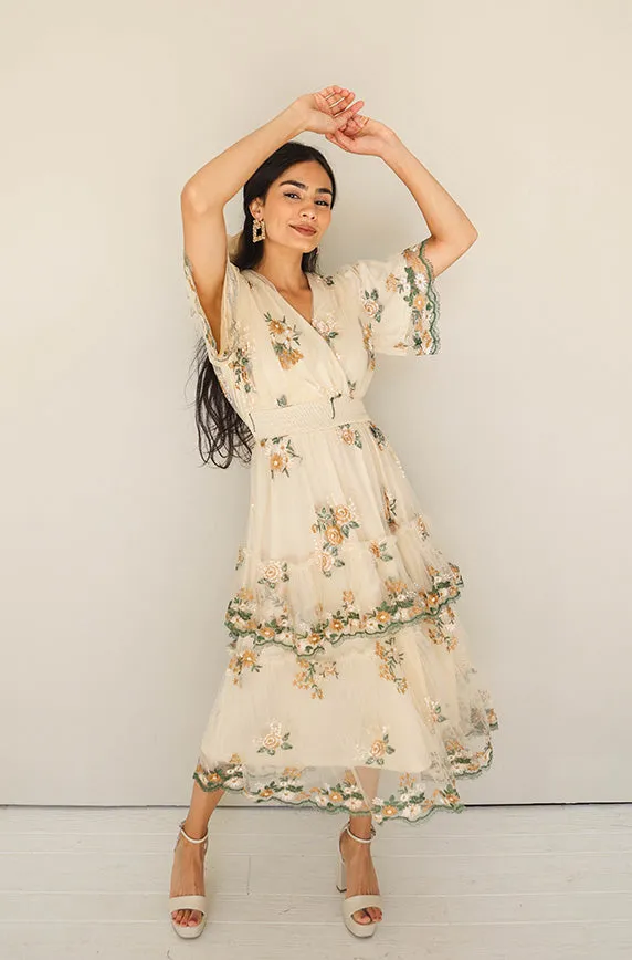 Eleanor Ivory Embroidered Tiered Dress- Restocked