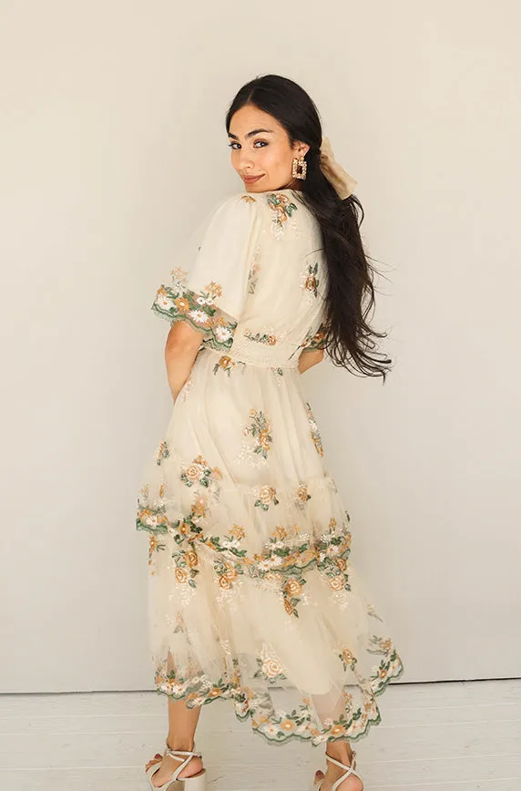 Eleanor Ivory Embroidered Tiered Dress- Restocked