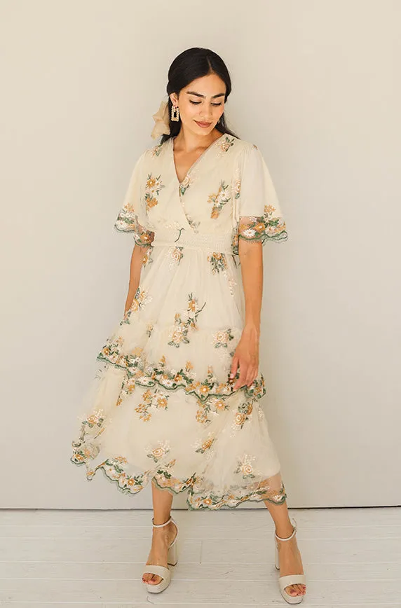 Eleanor Ivory Embroidered Tiered Dress- Restocked