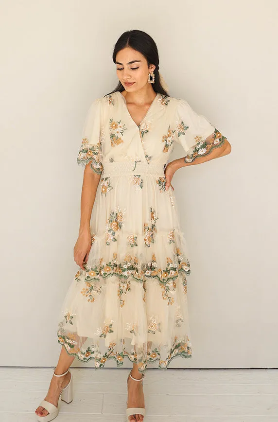 Eleanor Ivory Embroidered Tiered Dress- Restocked