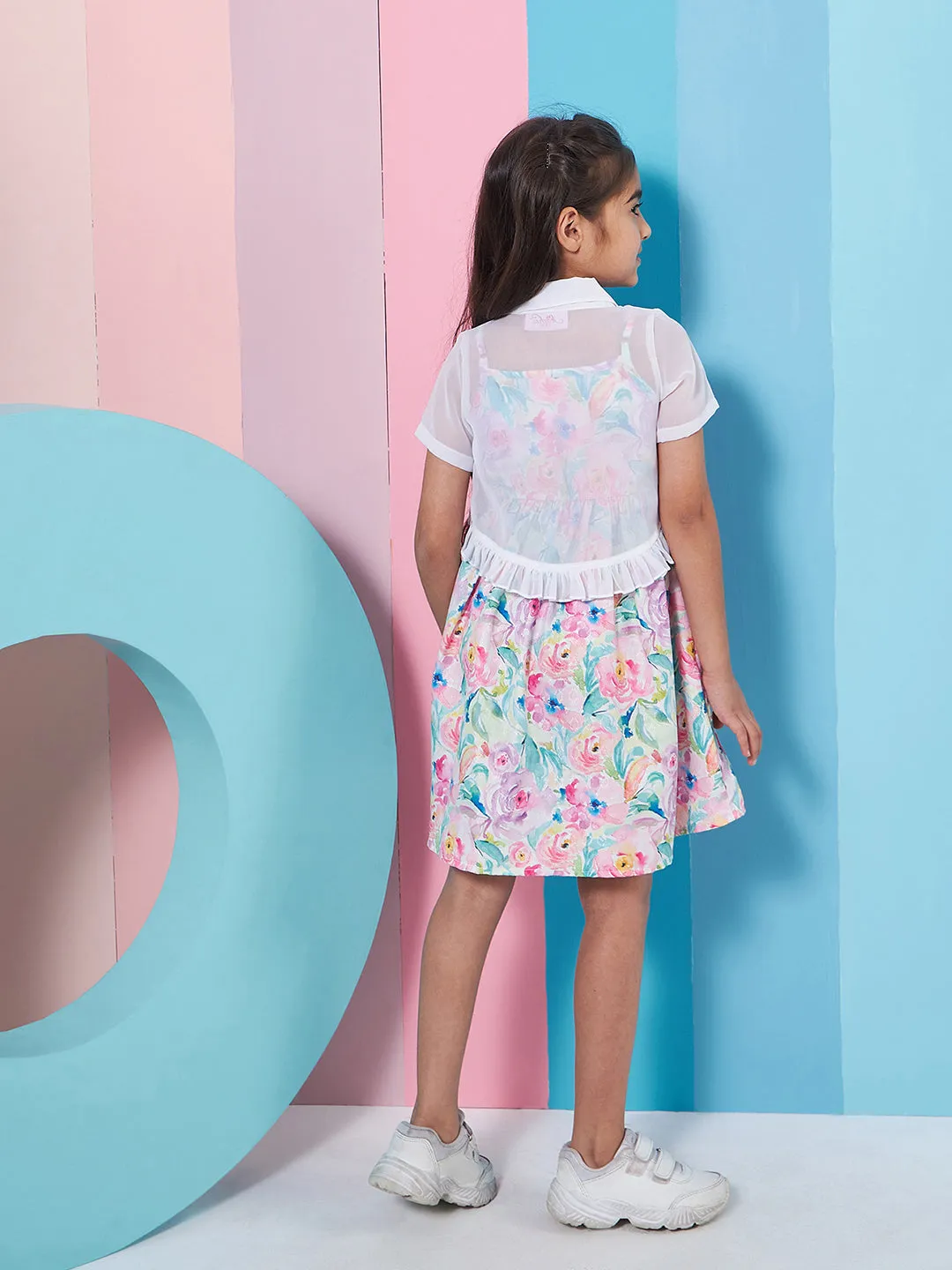 Girls Floral Print Shoulder Strap Georgette Fit Flare Dress