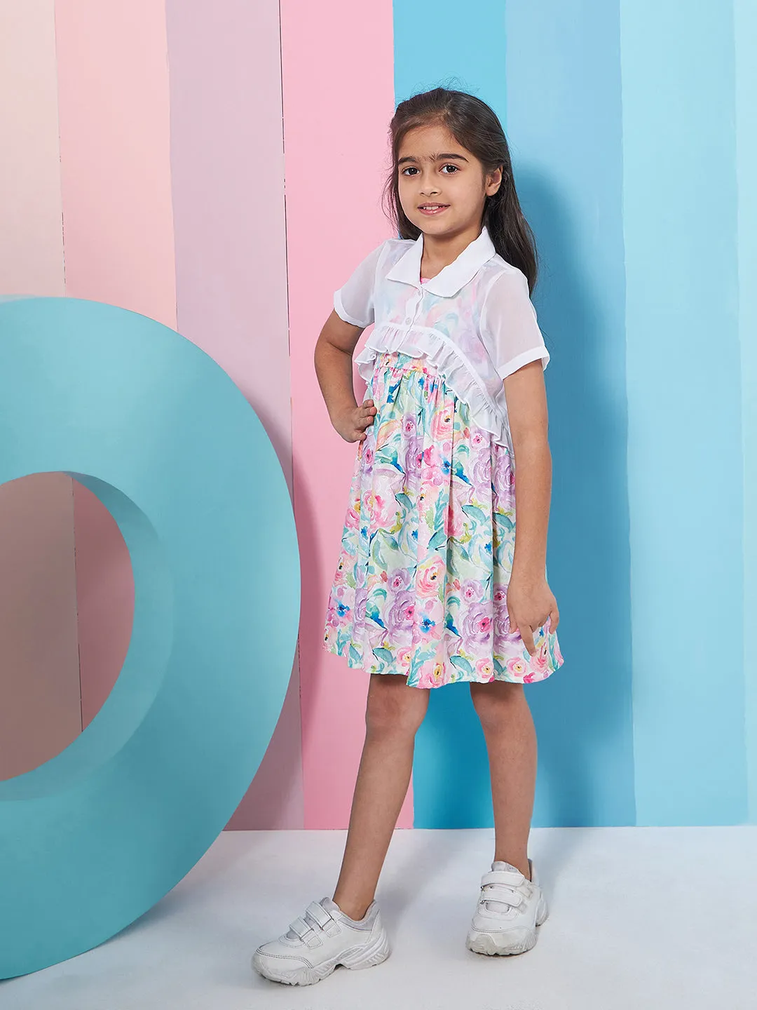 Girls Floral Print Shoulder Strap Georgette Fit Flare Dress