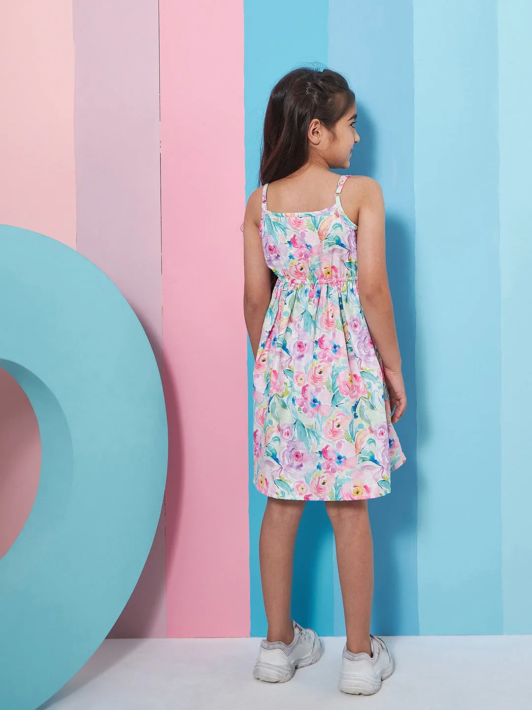 Girls Floral Print Shoulder Strap Georgette Fit Flare Dress