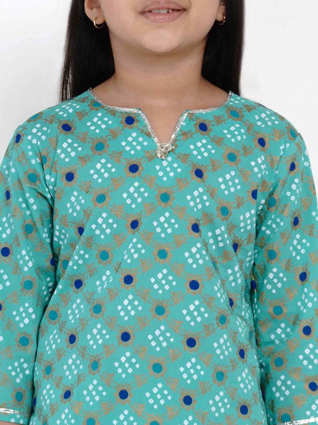 Girls Green & Blue Printed Kurti With Palazzos