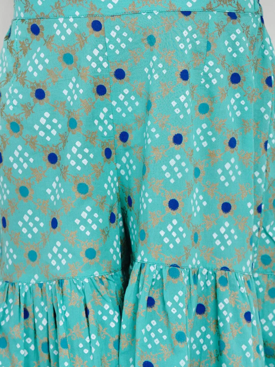 Girls Green & Blue Printed Kurti With Palazzos