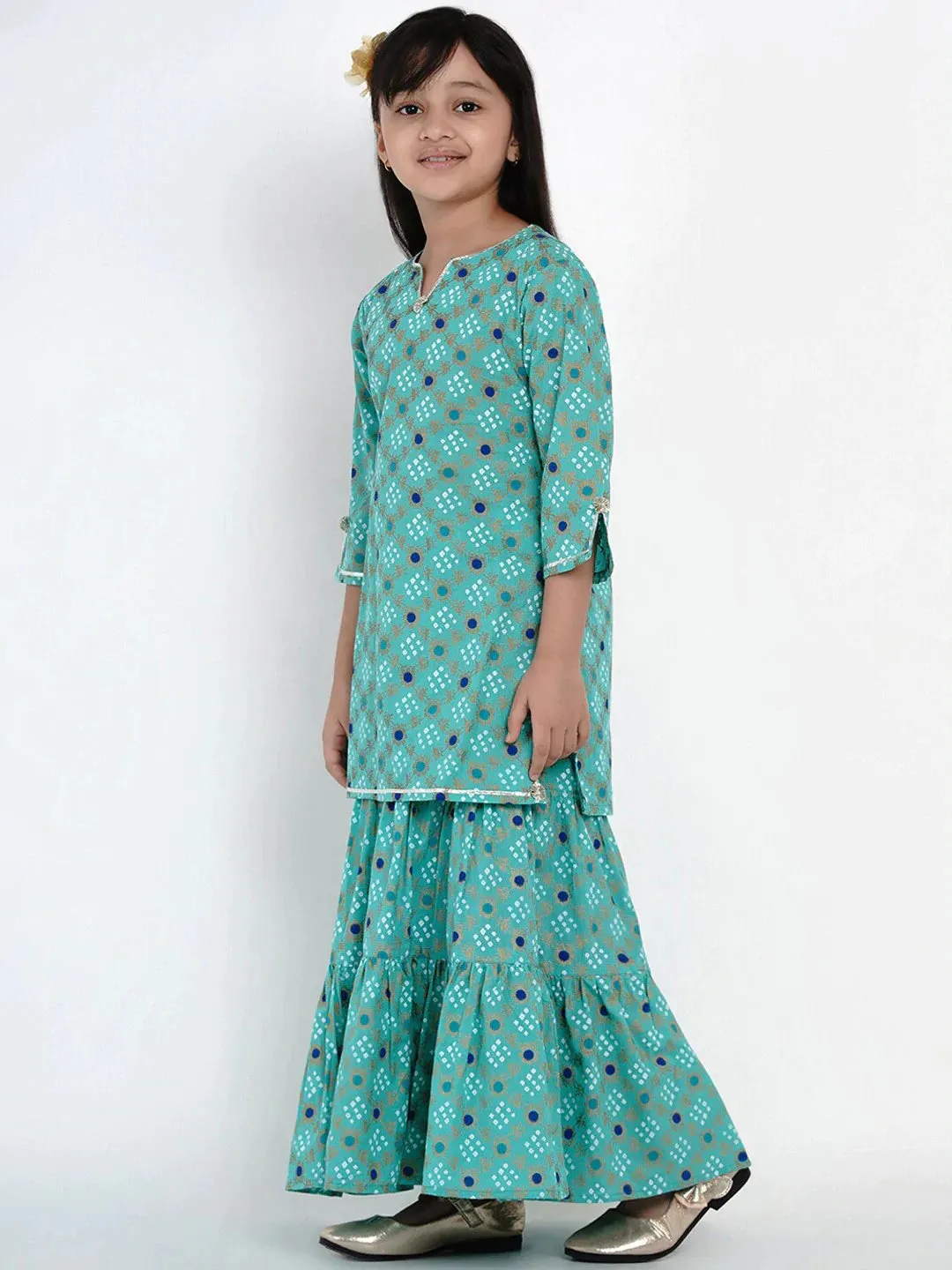 Girls Green & Blue Printed Kurti With Palazzos