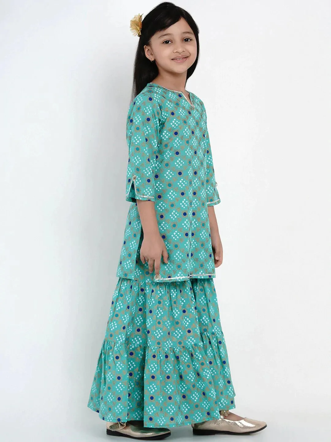 Girls Green & Blue Printed Kurti With Palazzos