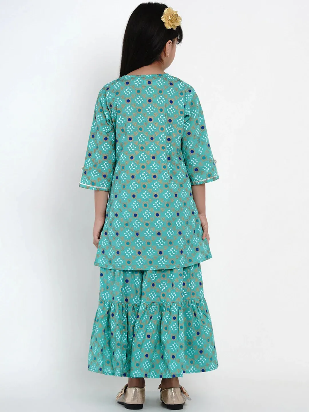 Girls Green & Blue Printed Kurti With Palazzos