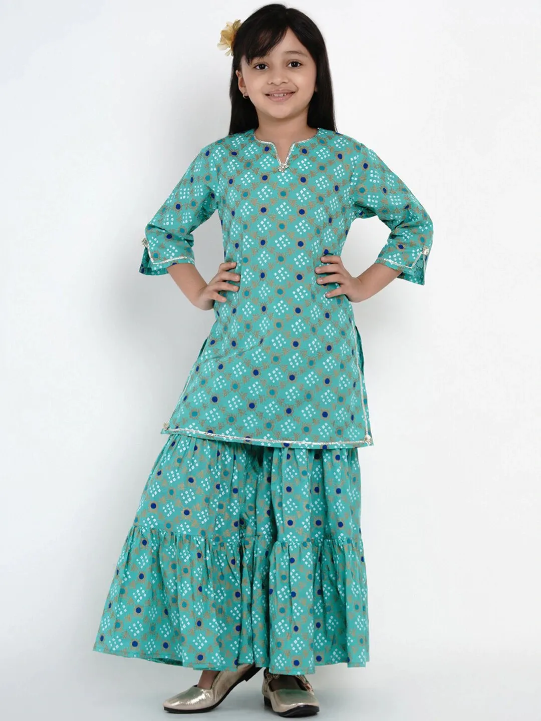 Girls Green & Blue Printed Kurti With Palazzos