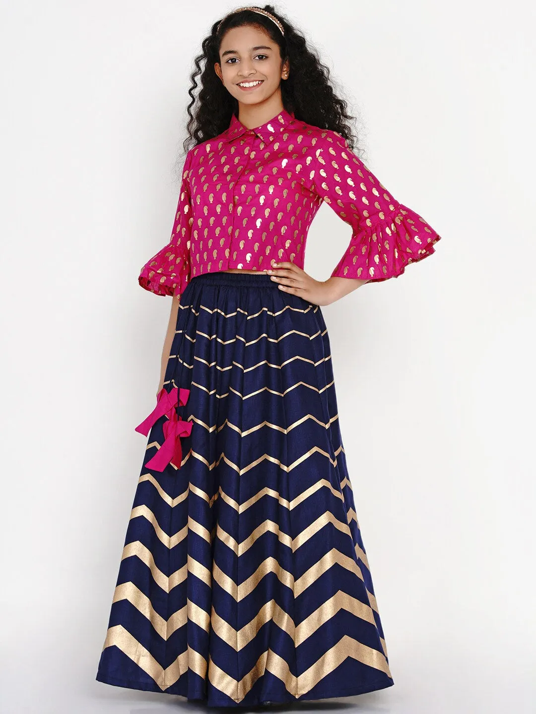 Girls Pink & Navy Blue Printed Block Print Ready To Wear Lehenga