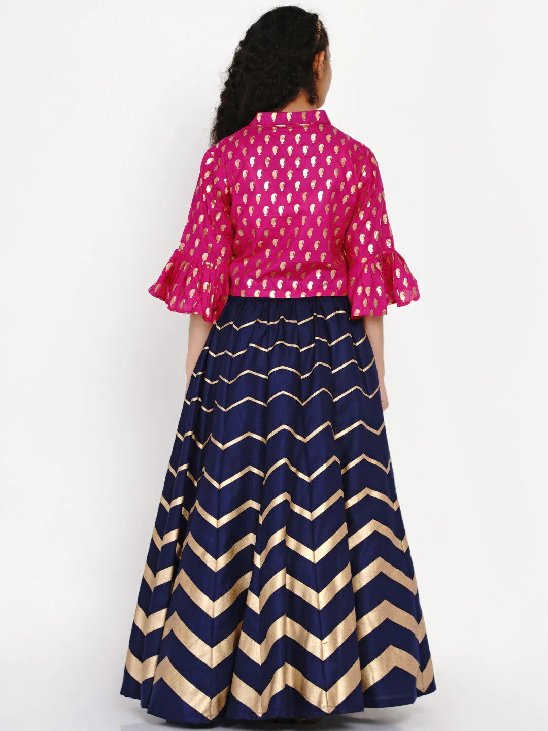 Girls Pink & Navy Blue Printed Block Print Ready To Wear Lehenga