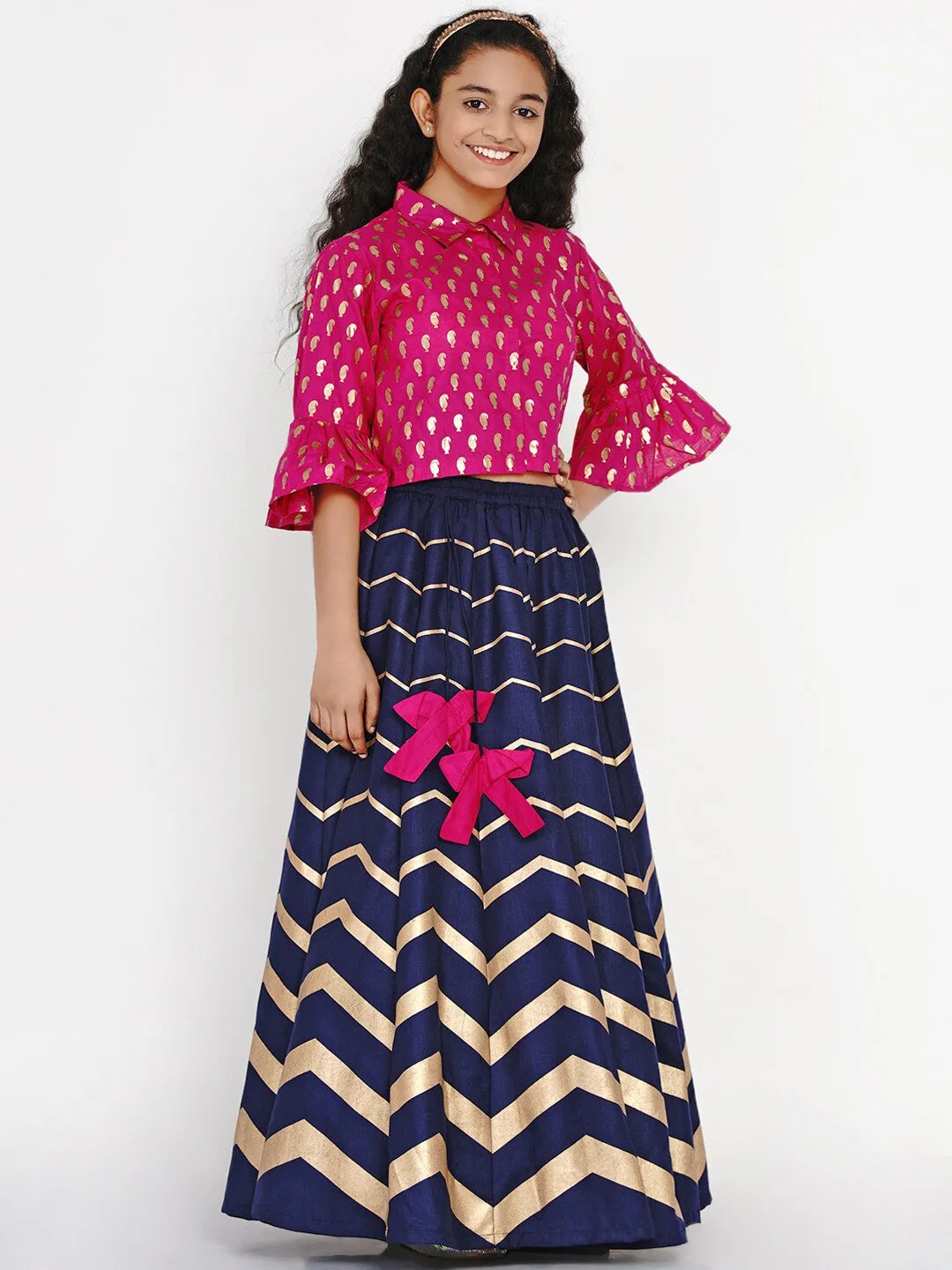 Girls Pink & Navy Blue Printed Block Print Ready To Wear Lehenga