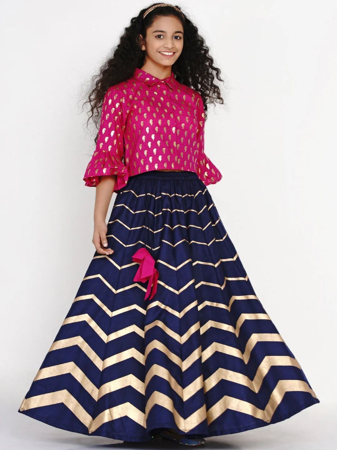 Girls Pink & Navy Blue Printed Block Print Ready To Wear Lehenga