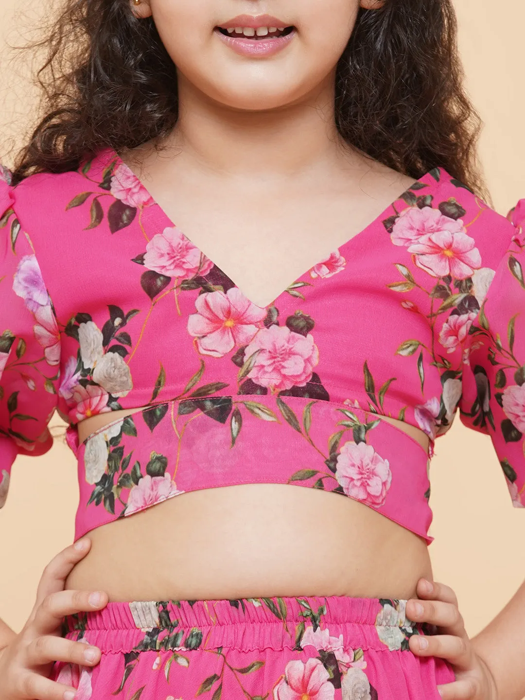 Girls Pink Flower Digital Print Ready To Wear Lehenga Choli