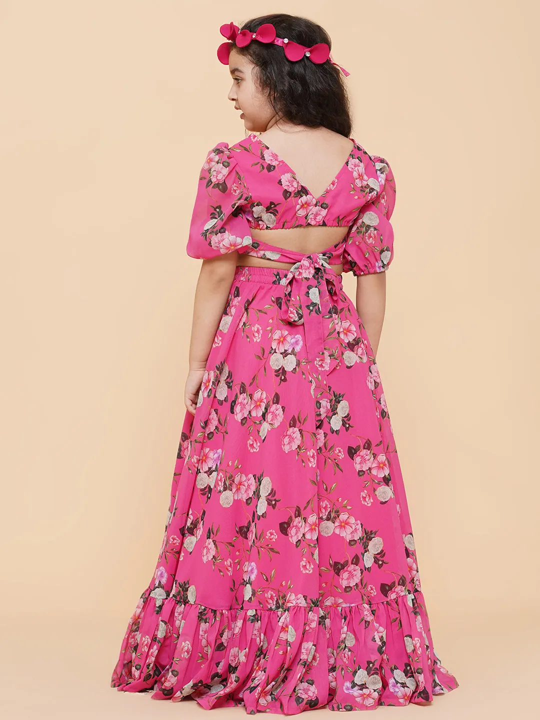 Girls Pink Flower Digital Print Ready To Wear Lehenga Choli