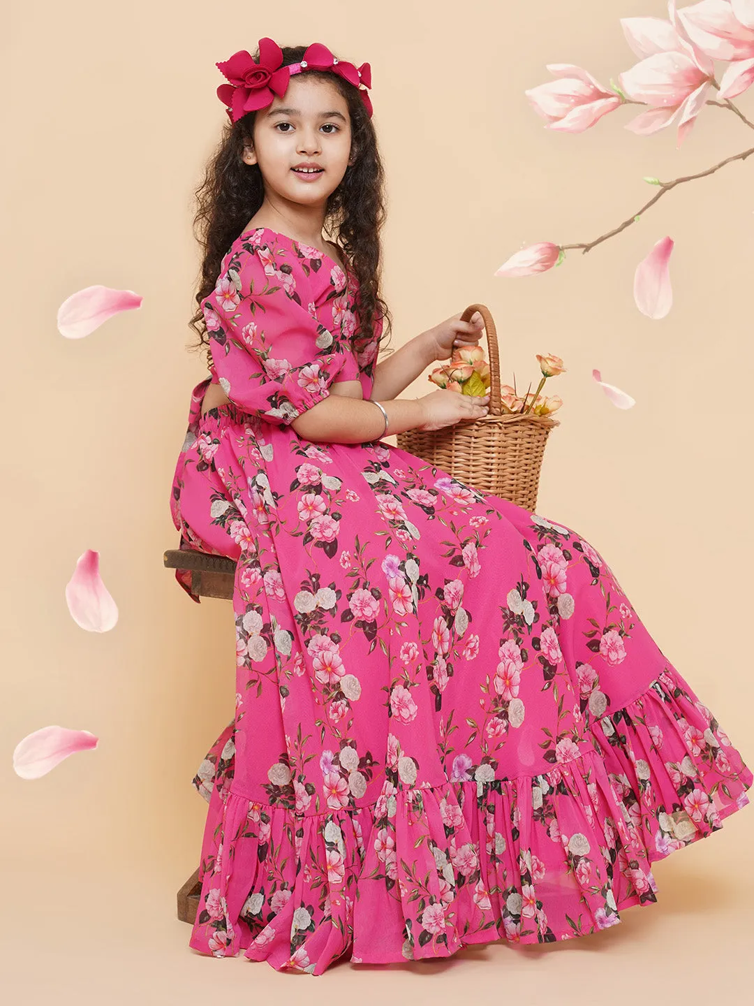 Girls Pink Flower Digital Print Ready To Wear Lehenga Choli