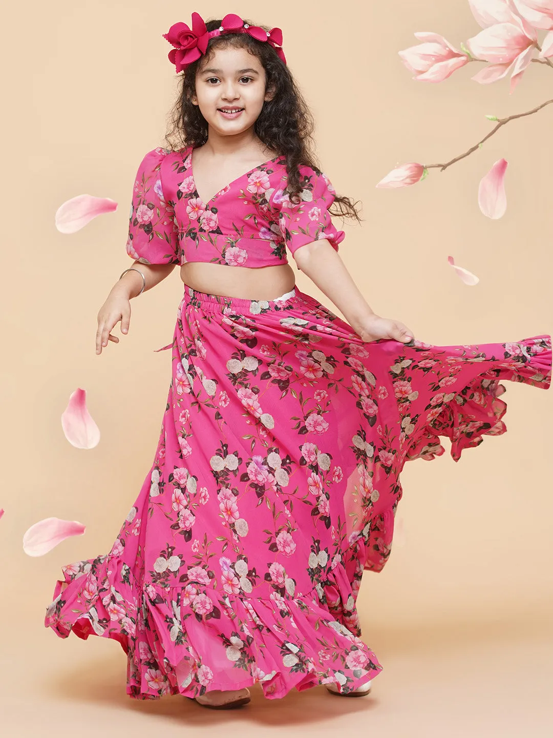 Girls Pink Flower Digital Print Ready To Wear Lehenga Choli