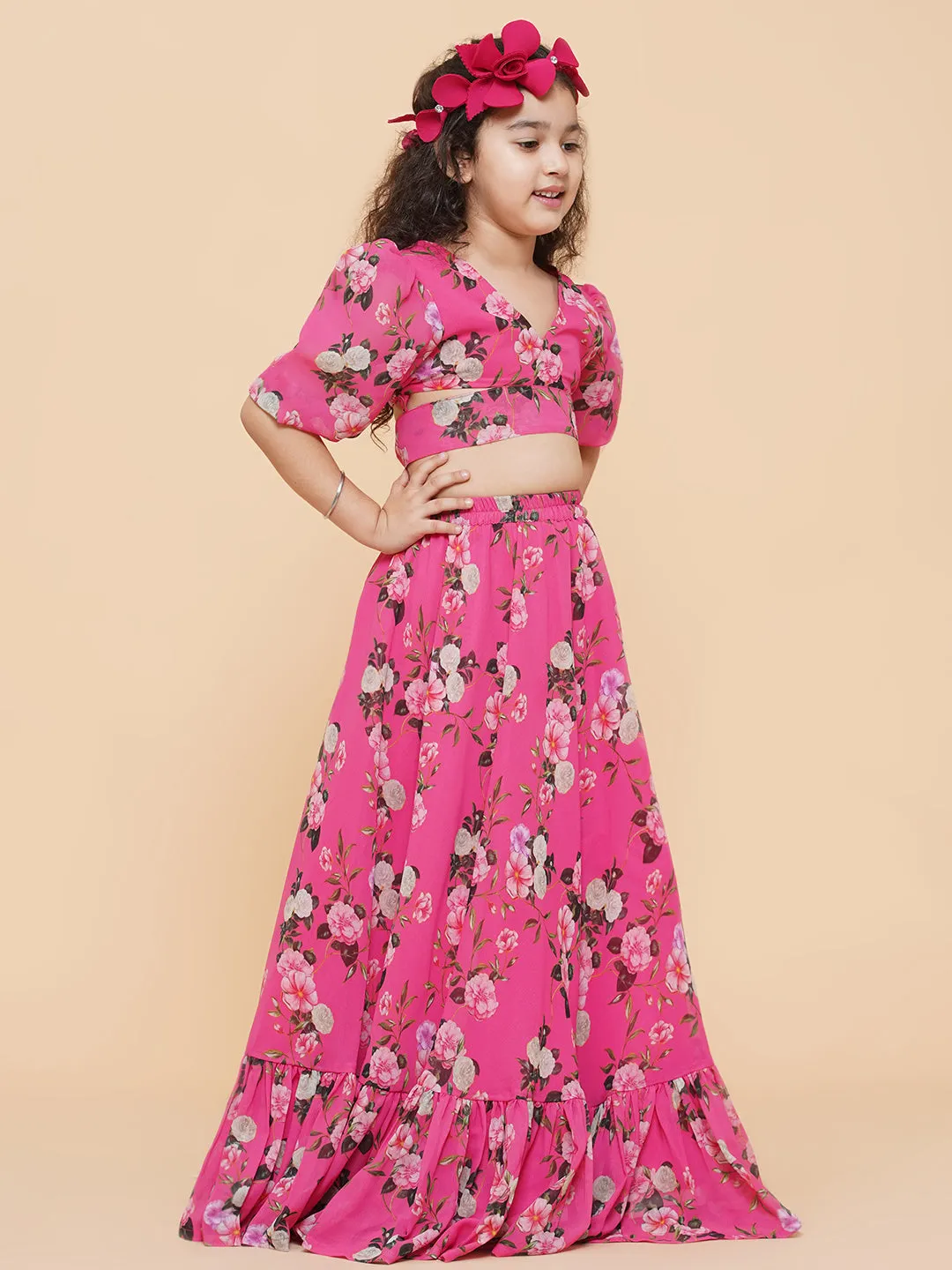 Girls Pink Flower Digital Print Ready To Wear Lehenga Choli
