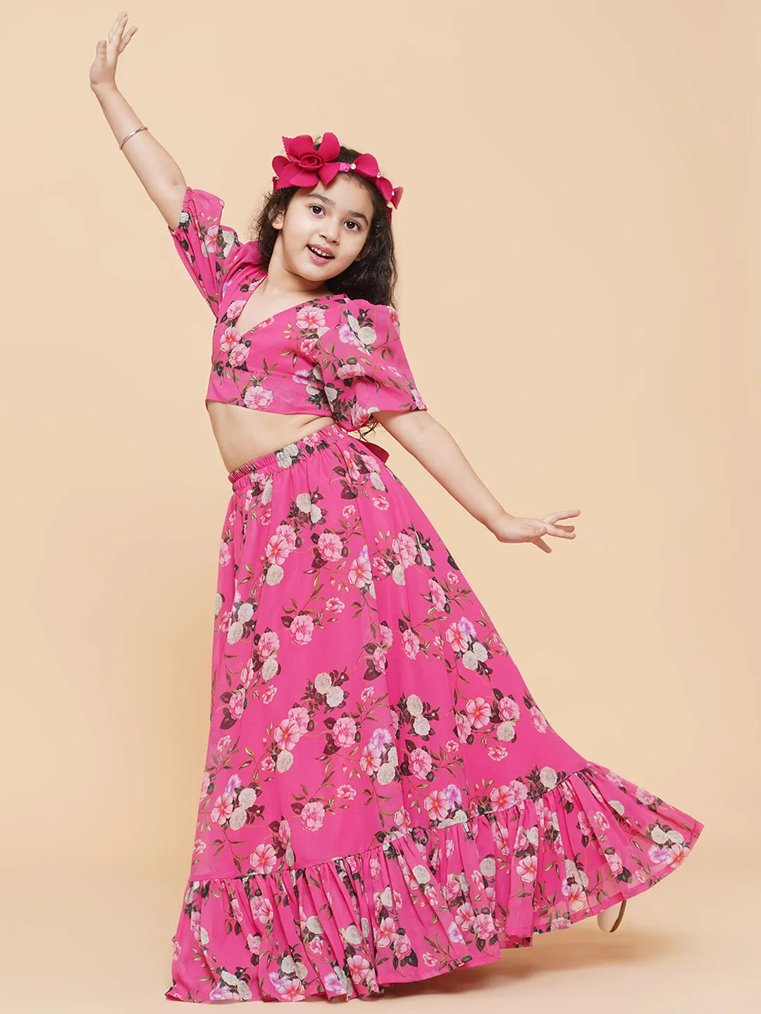 Girls Pink Flower Digital Print Ready To Wear Lehenga Choli