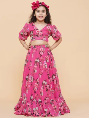Girls Pink Flower Digital Print Ready To Wear Lehenga Choli