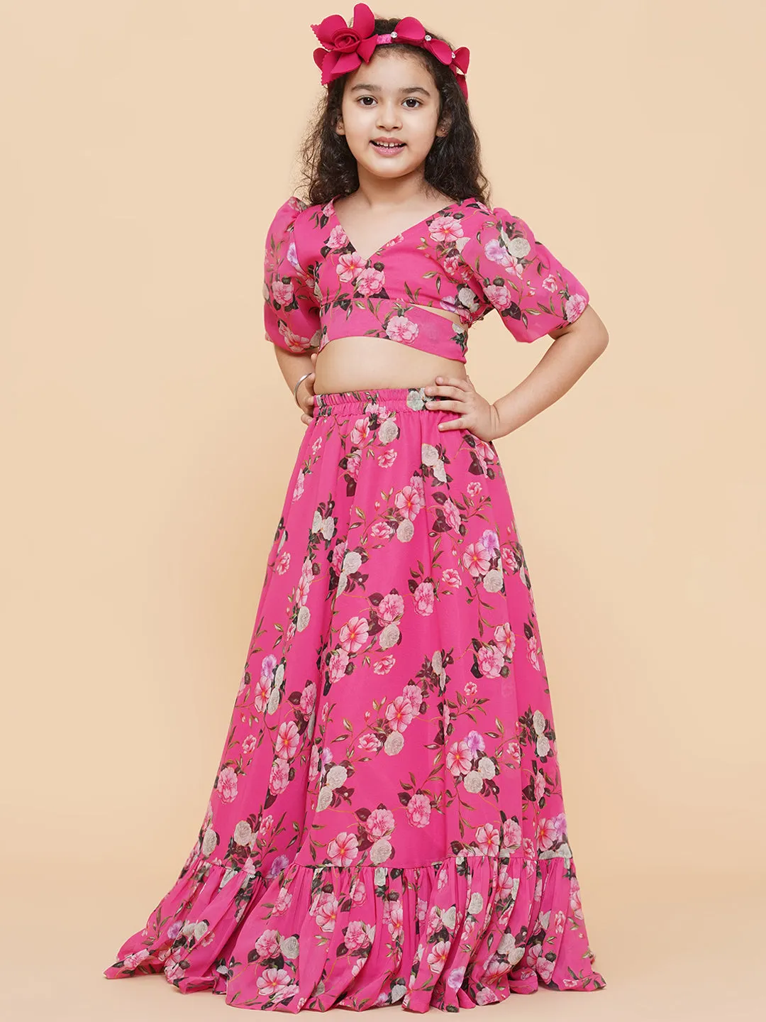 Girls Pink Flower Digital Print Ready To Wear Lehenga Choli