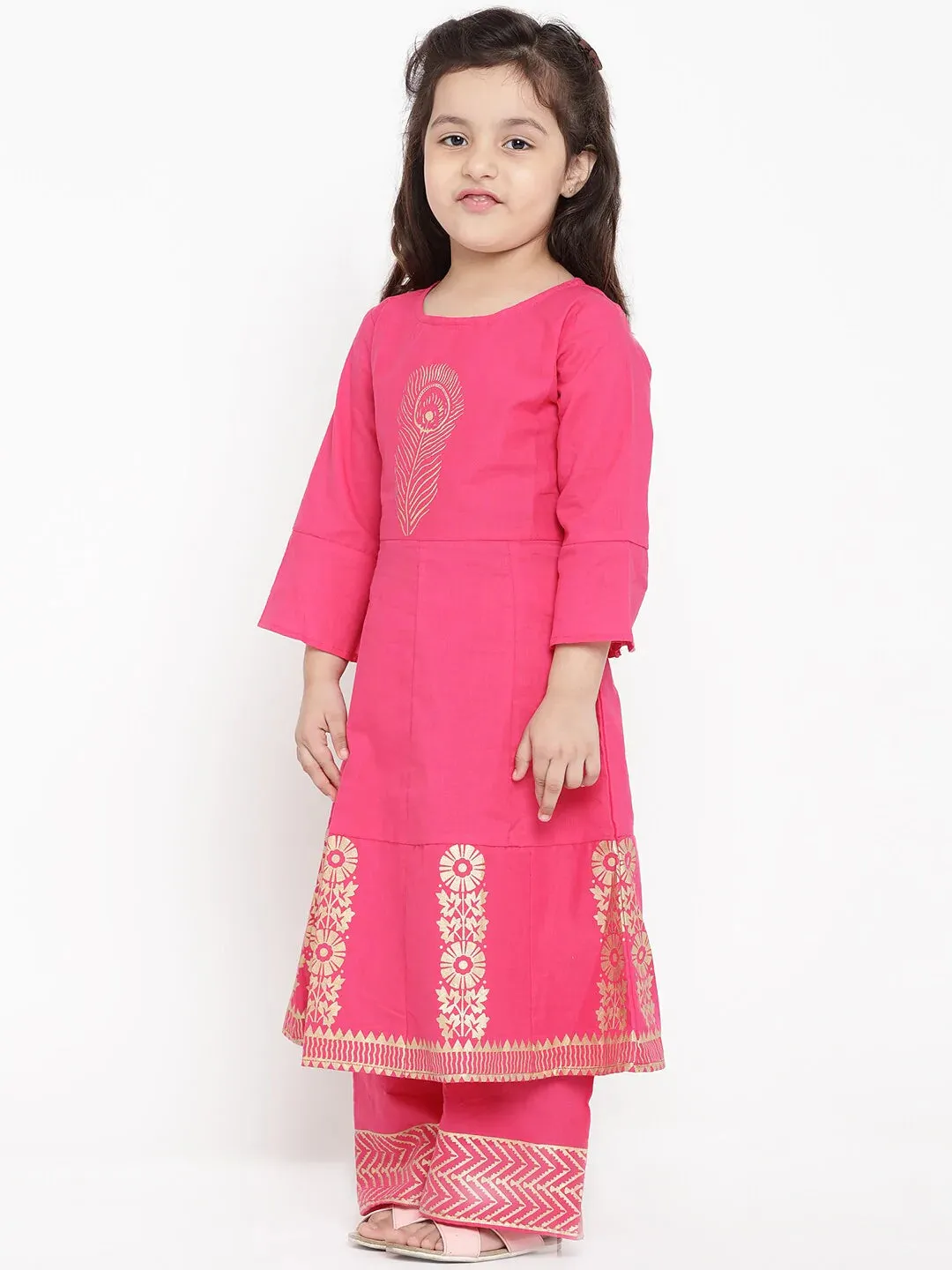 Girls Pink Printed Kurti With Palazzos