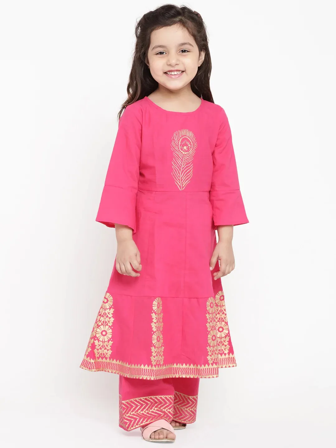 Girls Pink Printed Kurti With Palazzos
