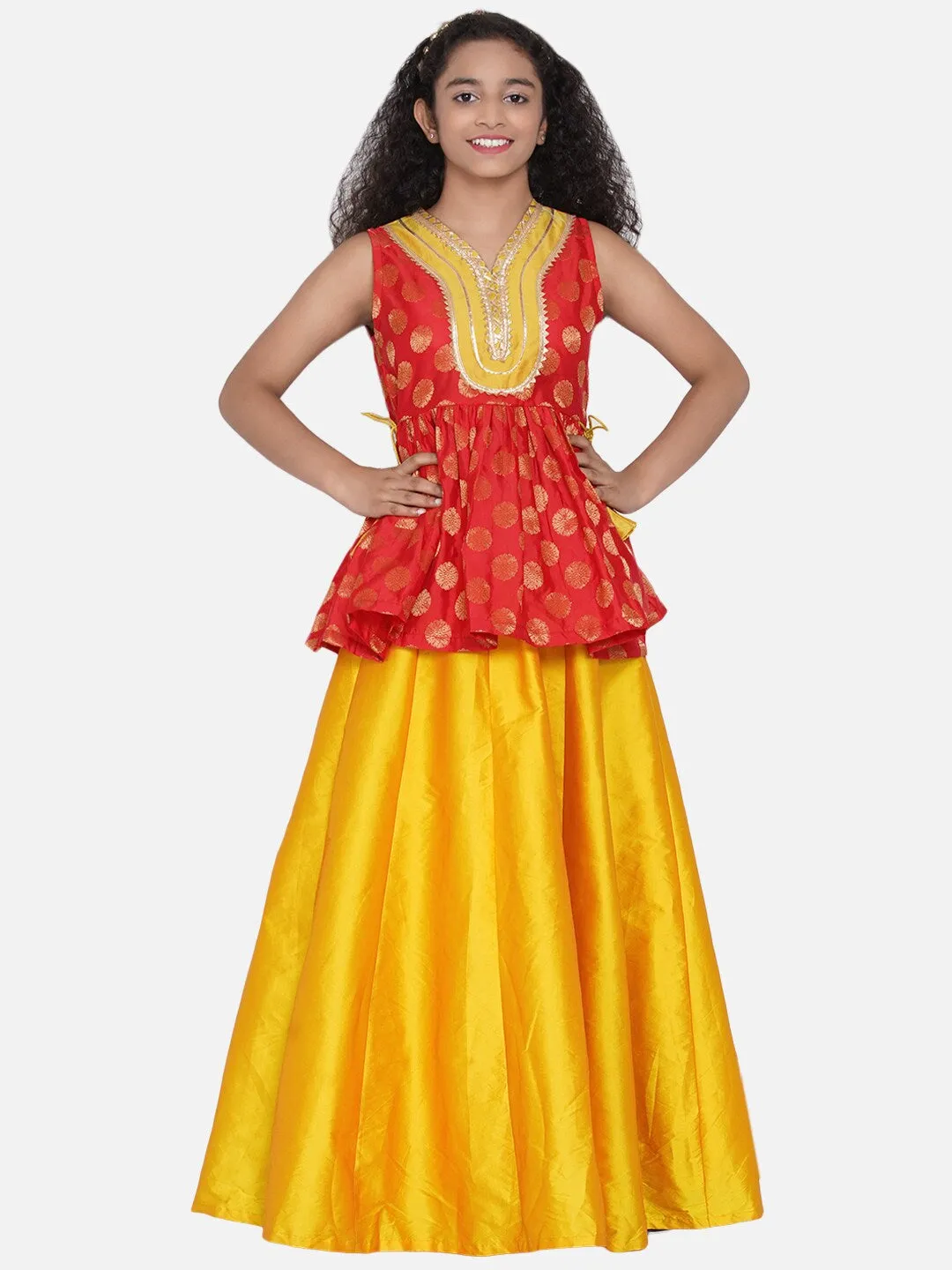 Girls Red & Mustard Yellow Woven Design Gota Patti Ready To Wear Lehenga