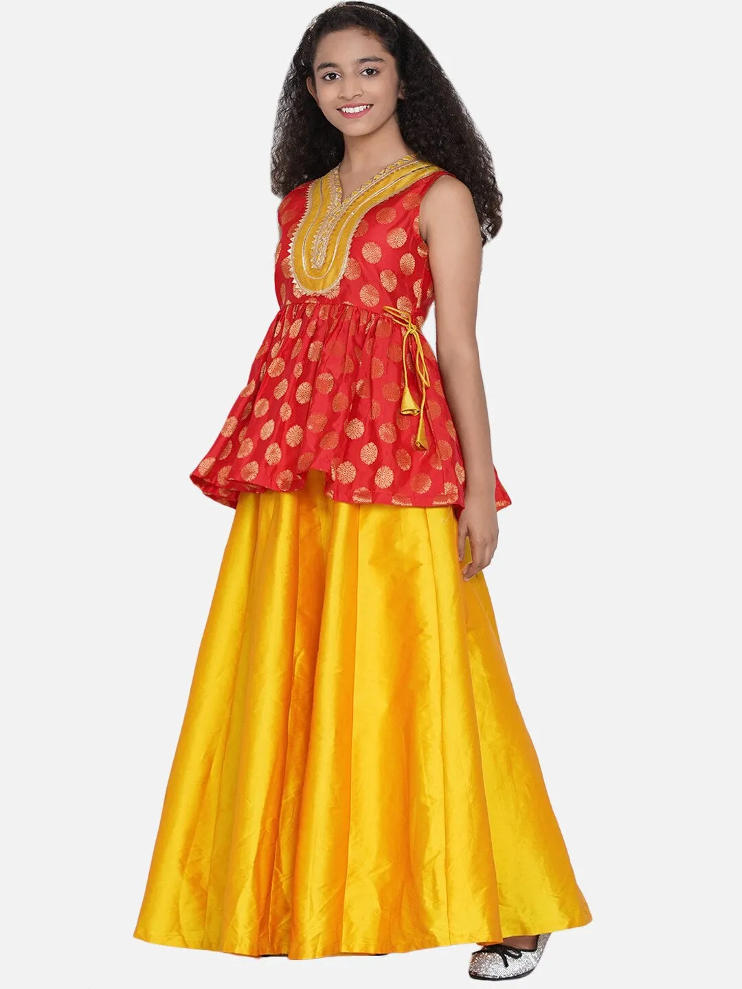 Girls Red & Mustard Yellow Woven Design Gota Patti Ready To Wear Lehenga