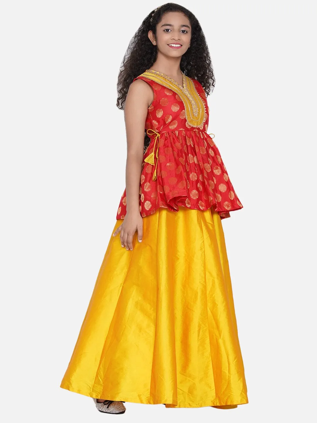 Girls Red & Mustard Yellow Woven Design Gota Patti Ready To Wear Lehenga