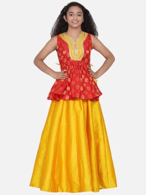 Girls Red & Mustard Yellow Woven Design Gota Patti Ready To Wear Lehenga