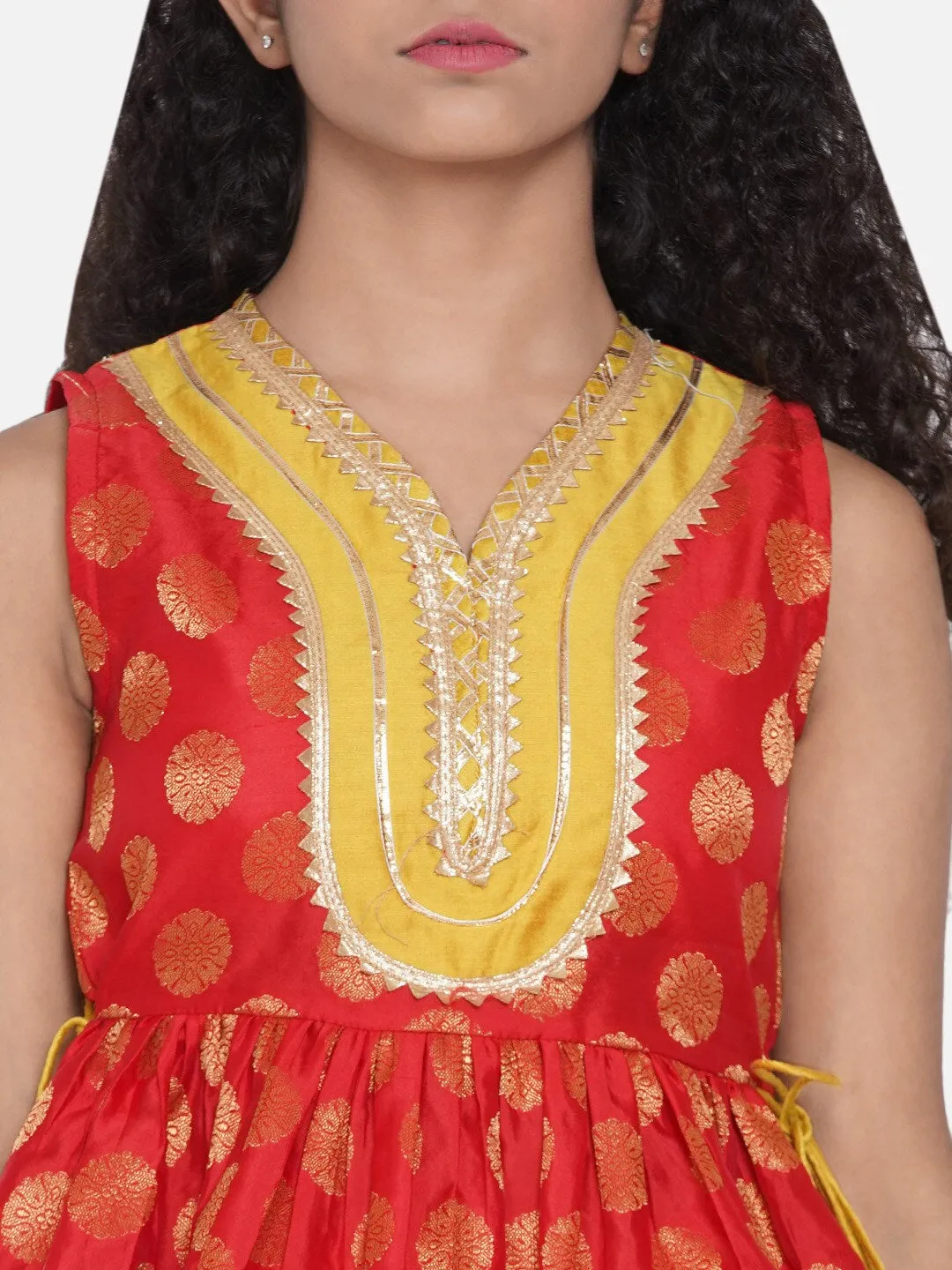 Girls Red & Mustard Yellow Woven Design Gota Patti Ready To Wear Lehenga