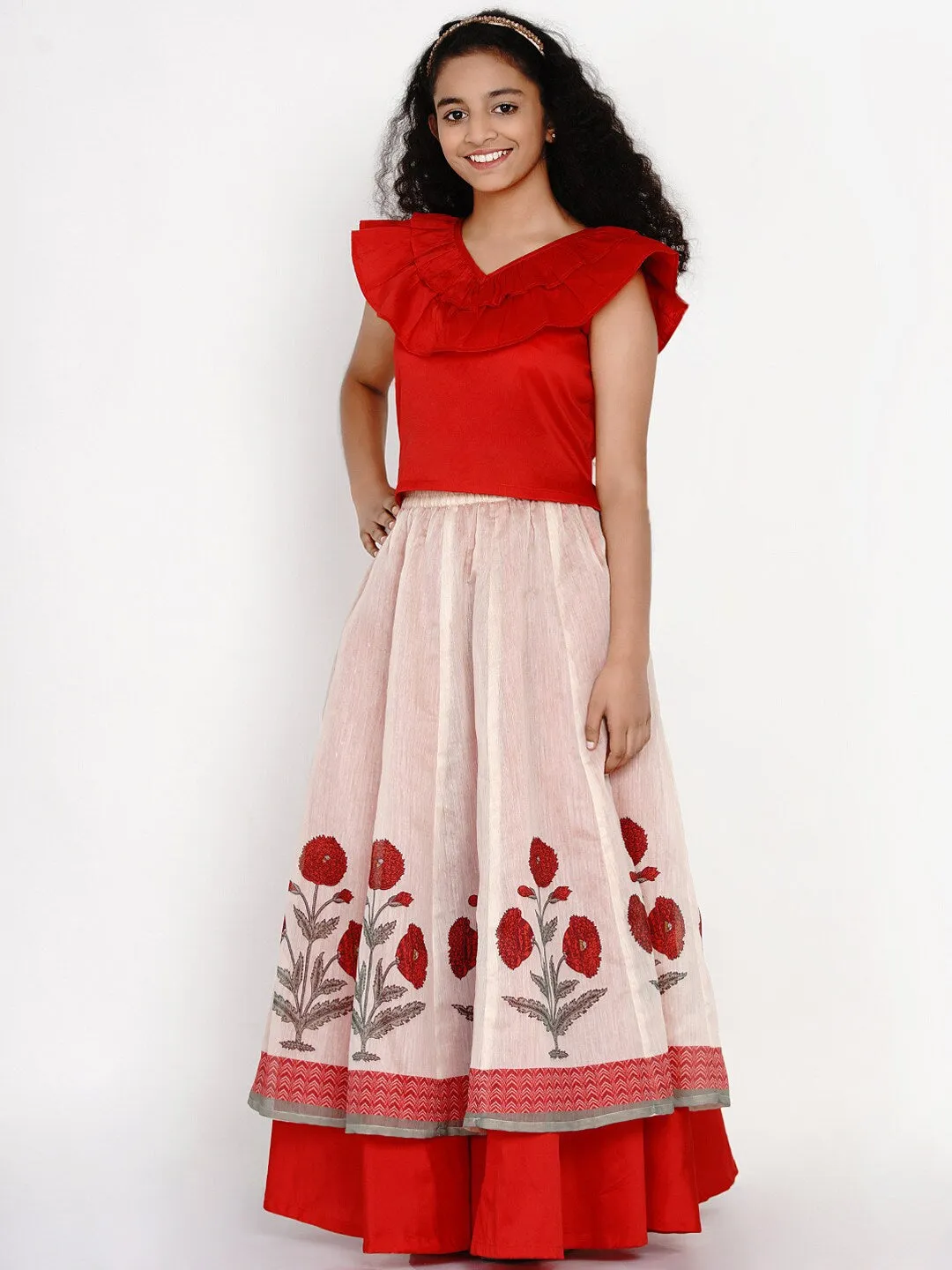 Girls Red & Off White Block Print Ready To Wear Lehenga Choli