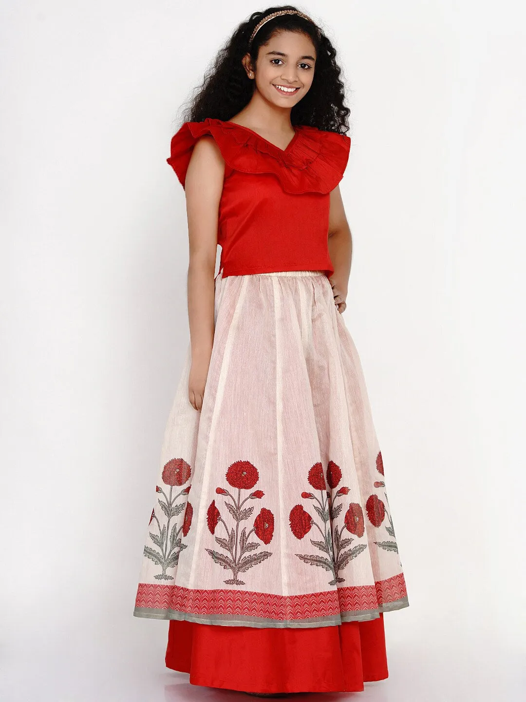 Girls Red & Off White Block Print Ready To Wear Lehenga Choli