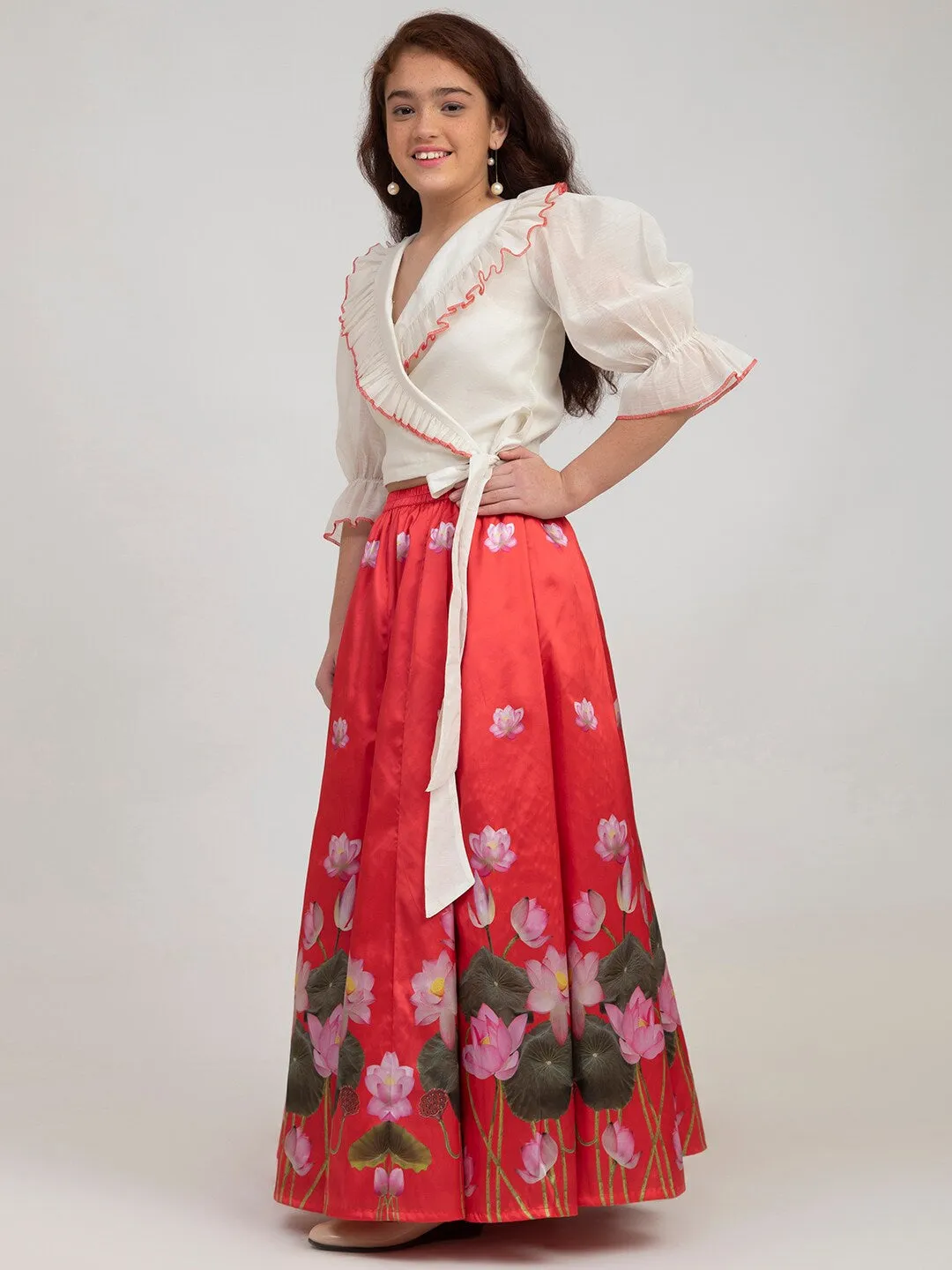 Girls Red & Off White Ready To Wear Lehenga Choli