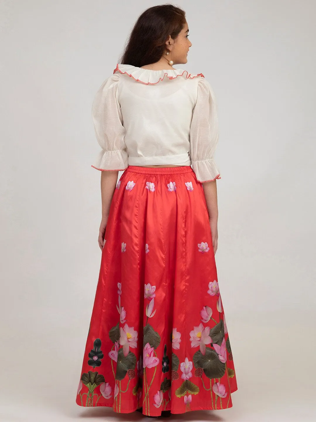 Girls Red & Off White Ready To Wear Lehenga Choli