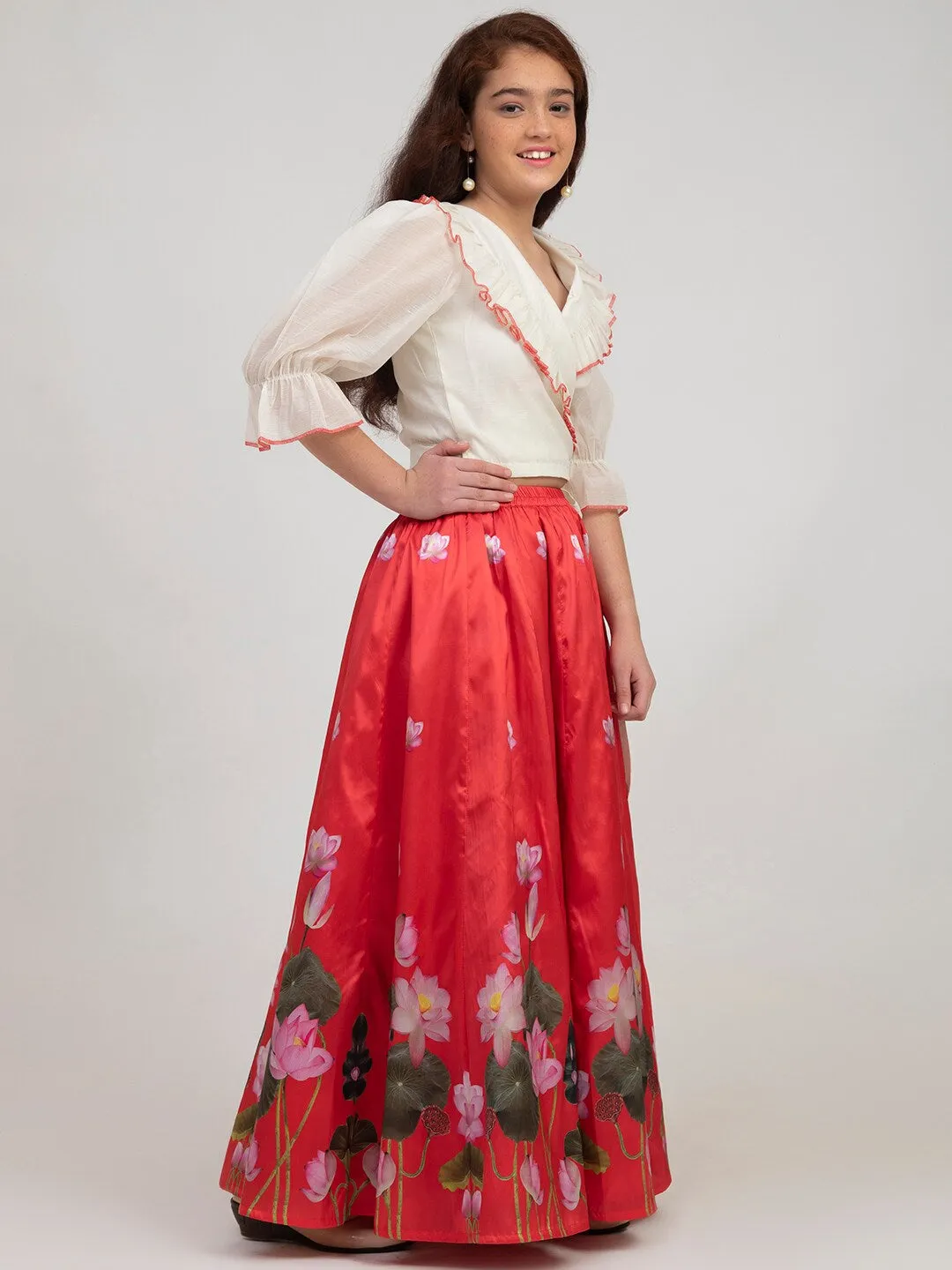 Girls Red & Off White Ready To Wear Lehenga Choli